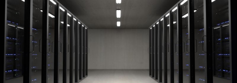 Data center server room with blue LED lights