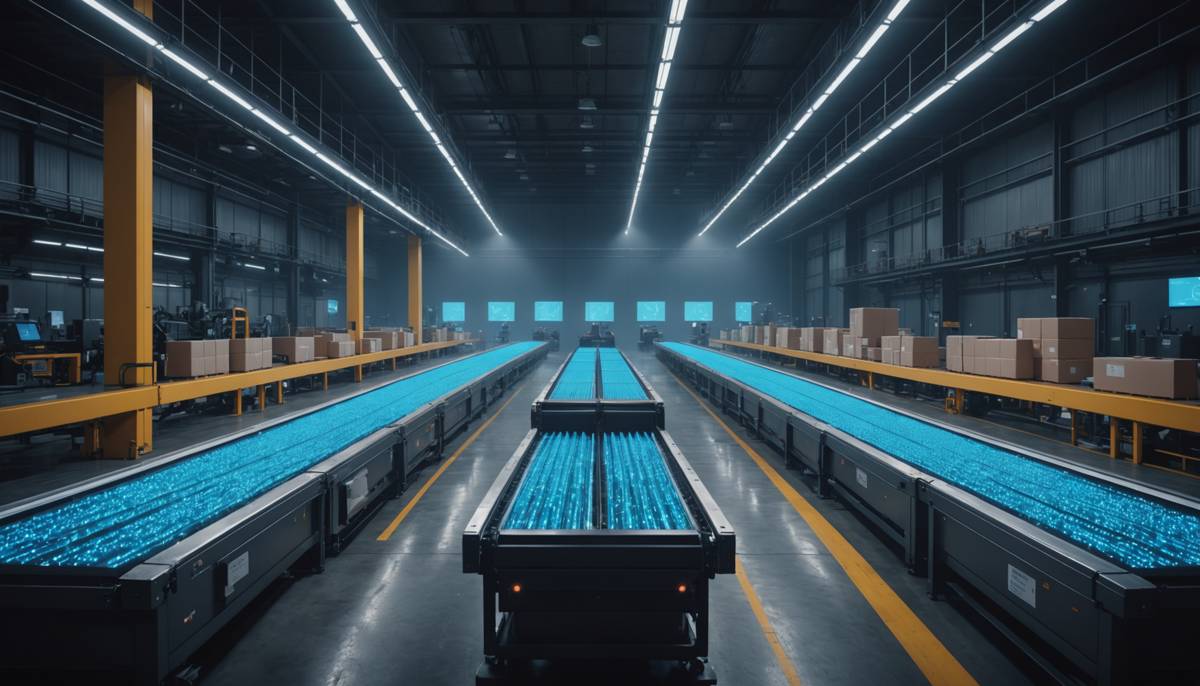 AI-powered warehouse robots sorting packages in a modern logistics facility