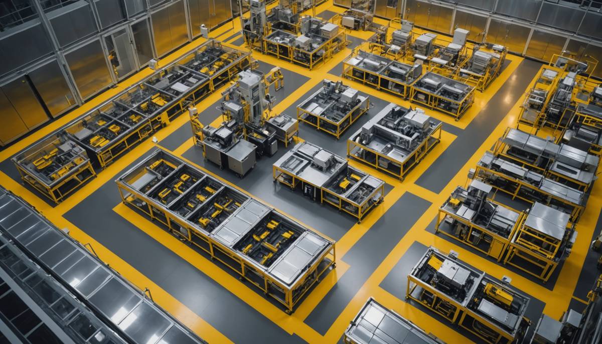 Semiconductor fabrication cleanroom with silicon wafers under yellow lights