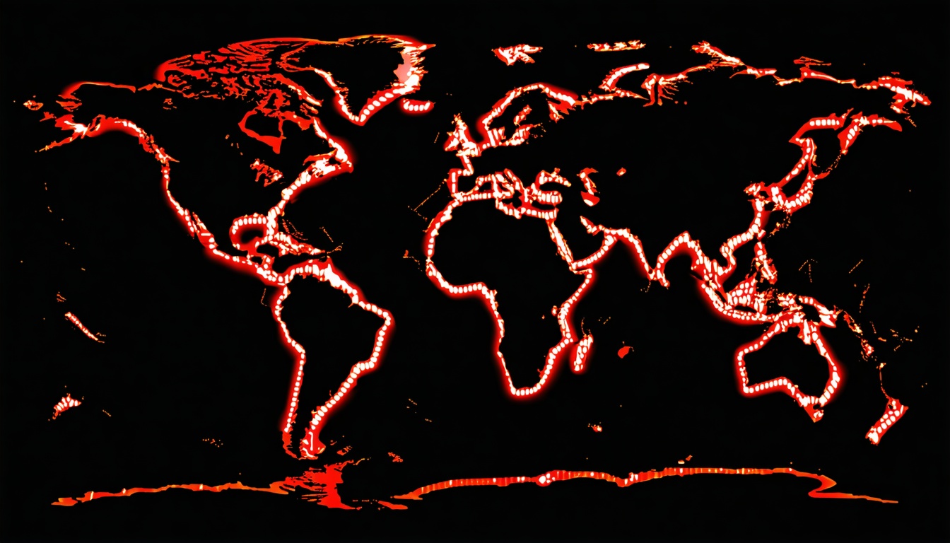 Abstract glowing red warning lines on dark world map silhouette
