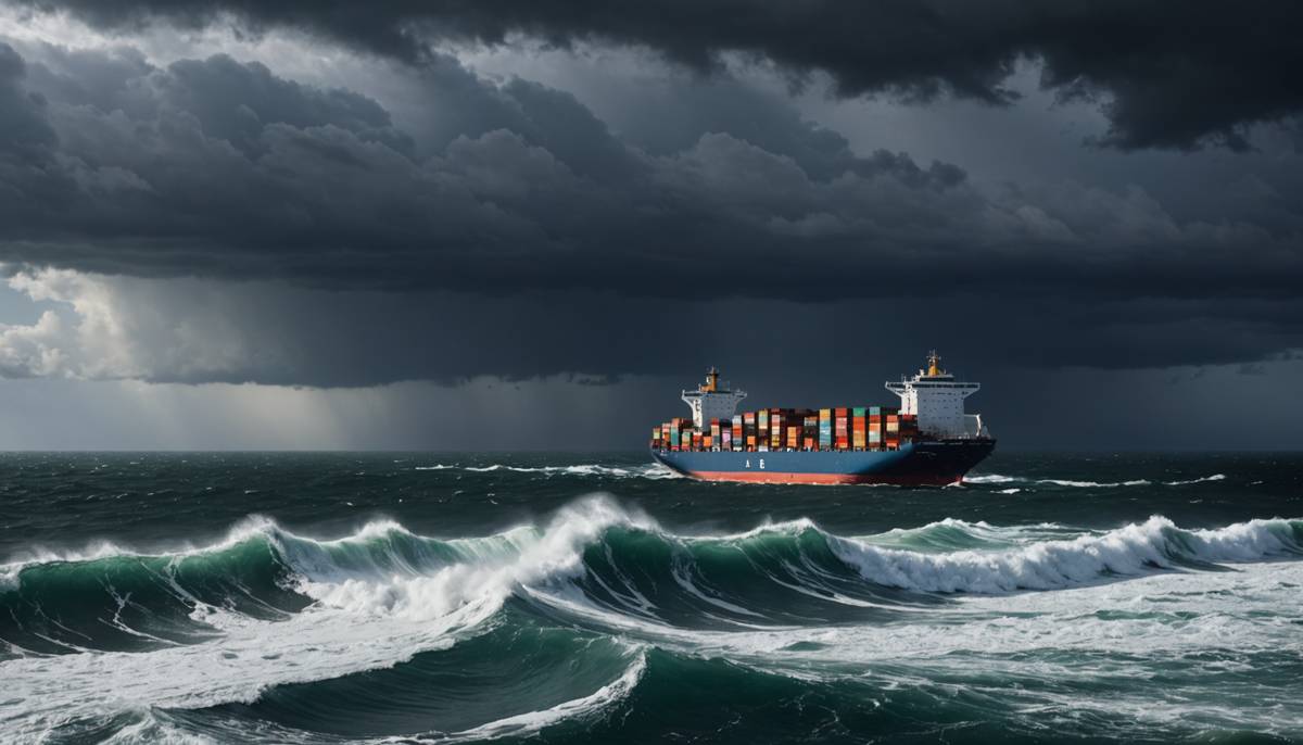 Container ship navigating stormy Atlantic waves