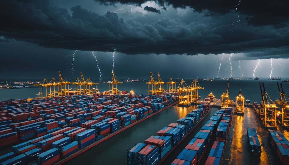 Shipping port with cranes under stormy sky