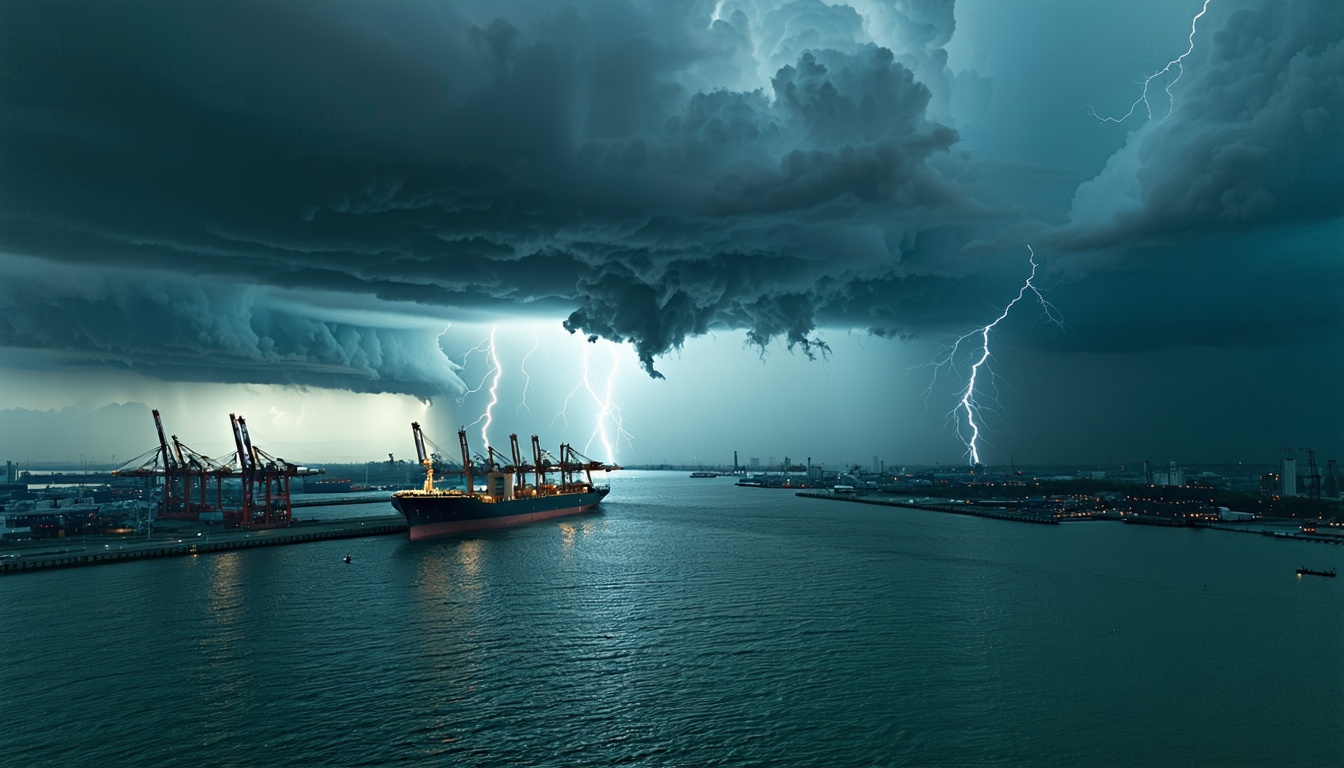 Aerial view of massive storm clouds over a shipping port
