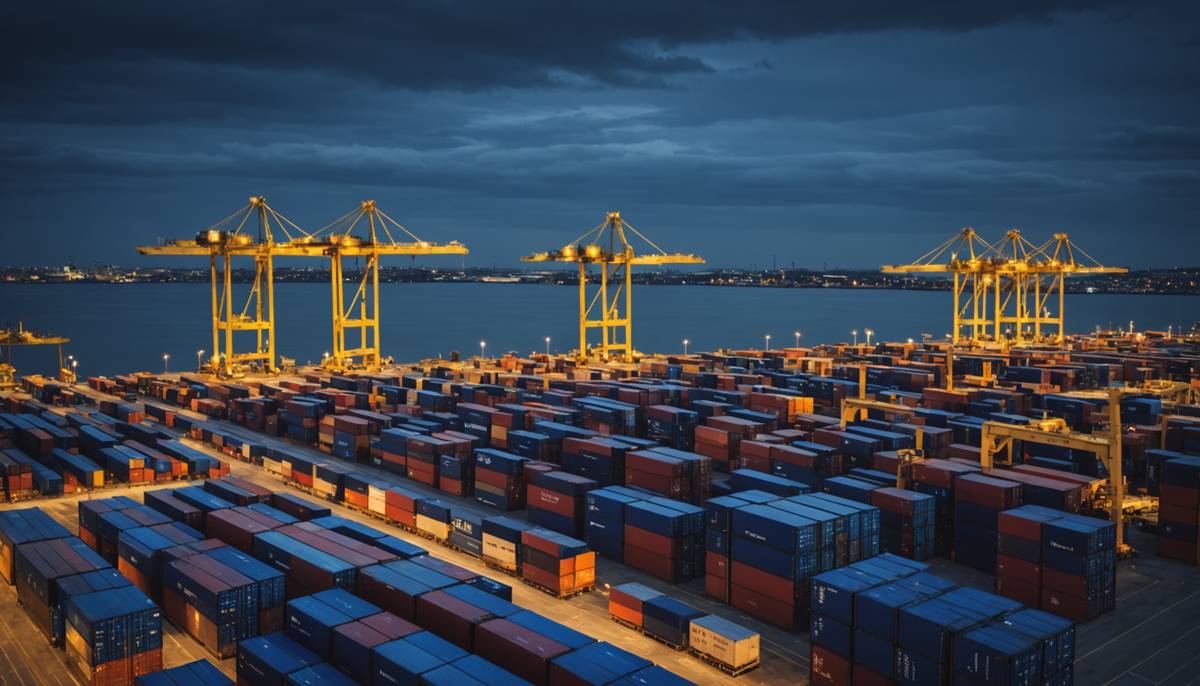 Commercial shipping port with stacked containers and cranes at dusk