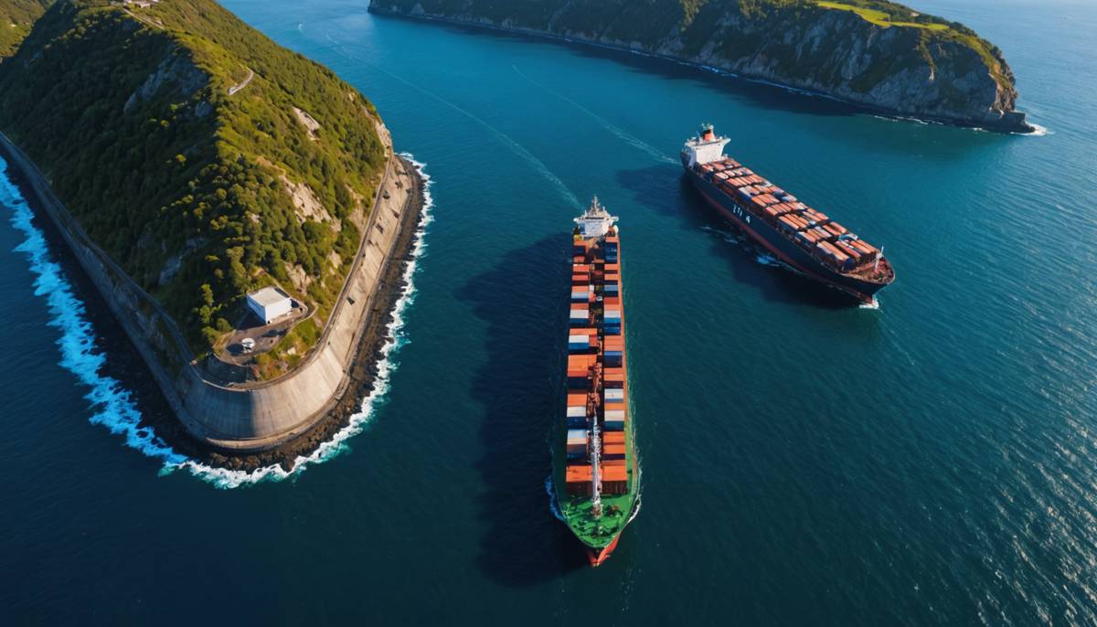 Oil tanker navigating a narrow maritime strait