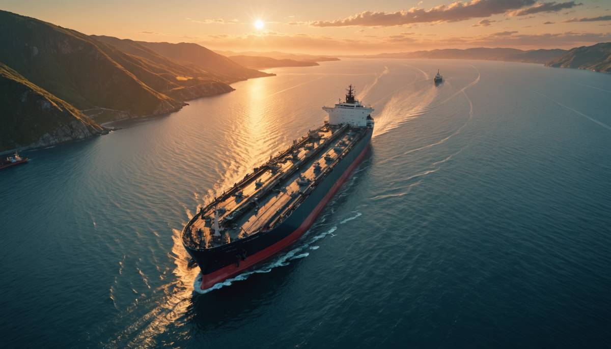 Oil tanker navigating a narrow sea strait at golden hour