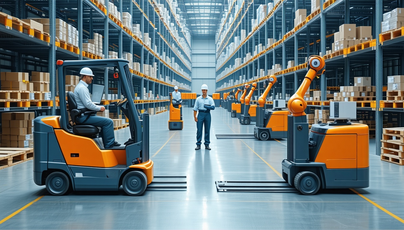 Workers and robots collaborating in a modern warehouse