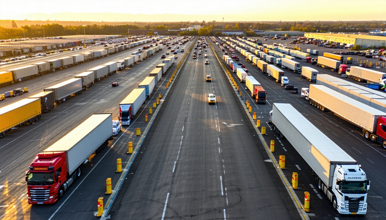 Busy truck yard and loading docks at a distribution center