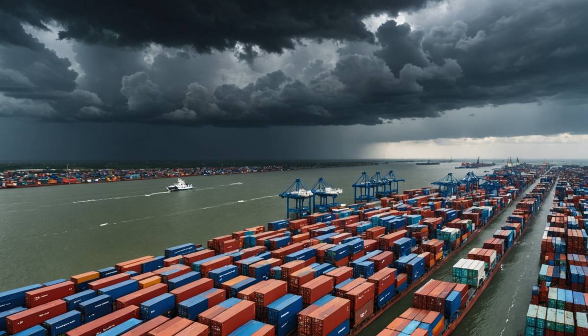 Monsoon storm over container port in India