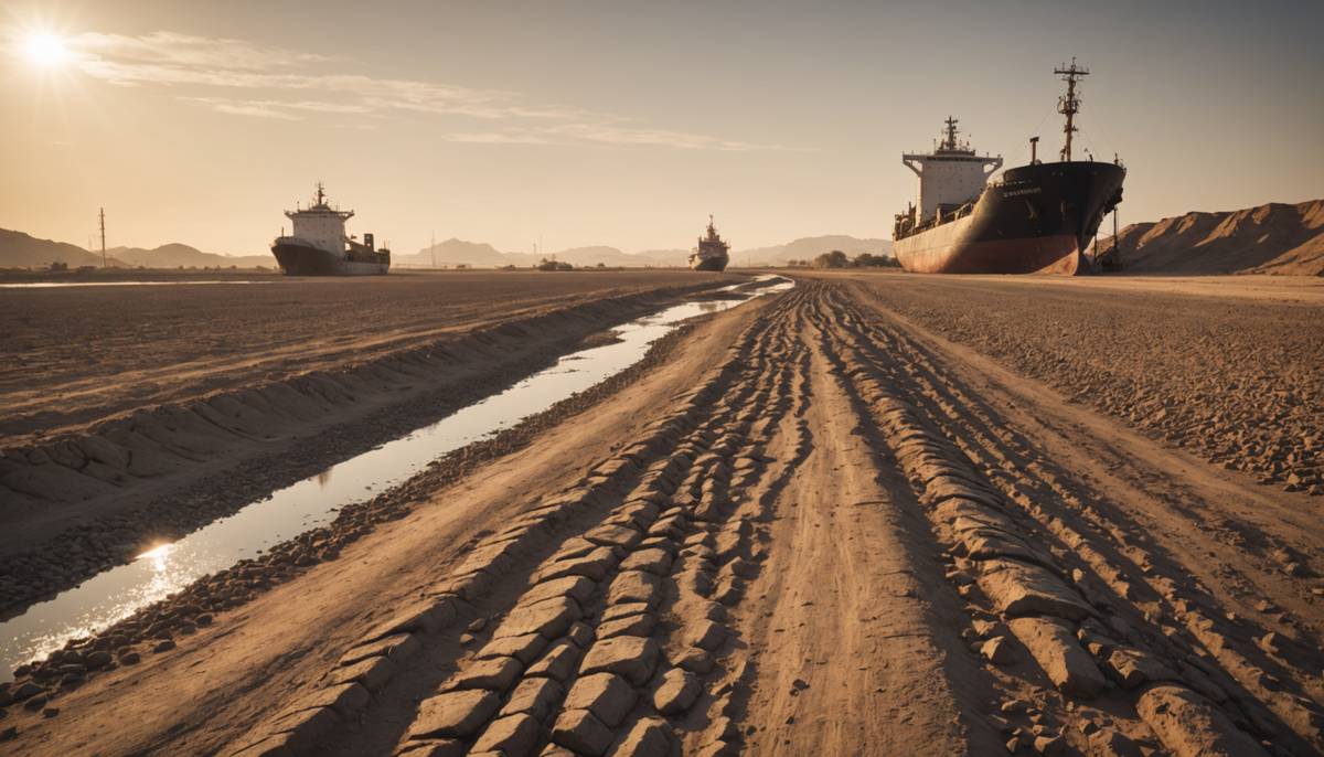 Dry riverbed with ship silhouette