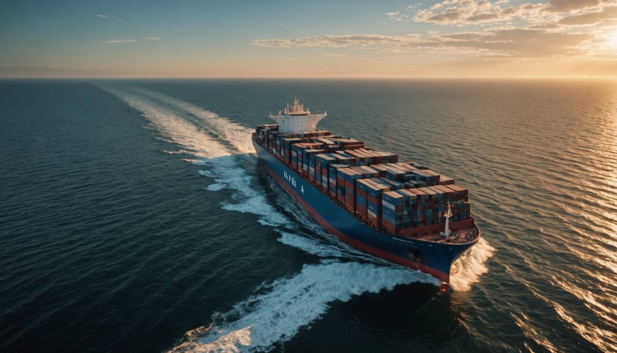 Container ship navigating narrow strait