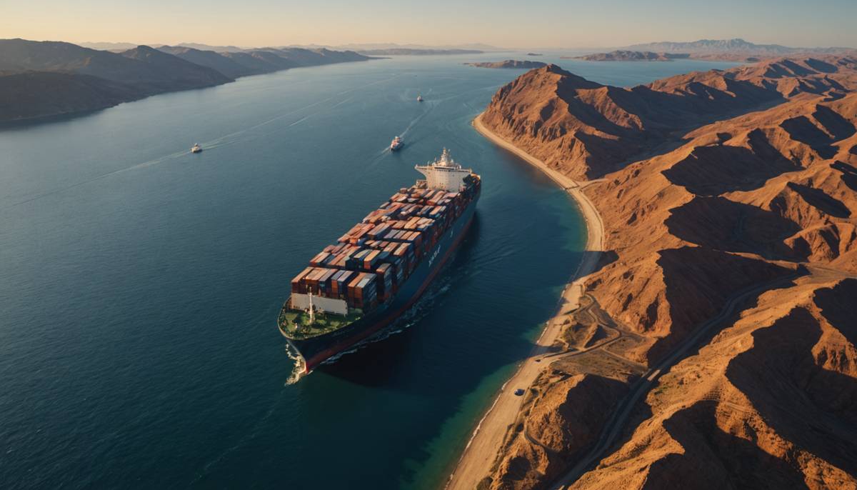 Container ship transiting narrow strait at golden hour