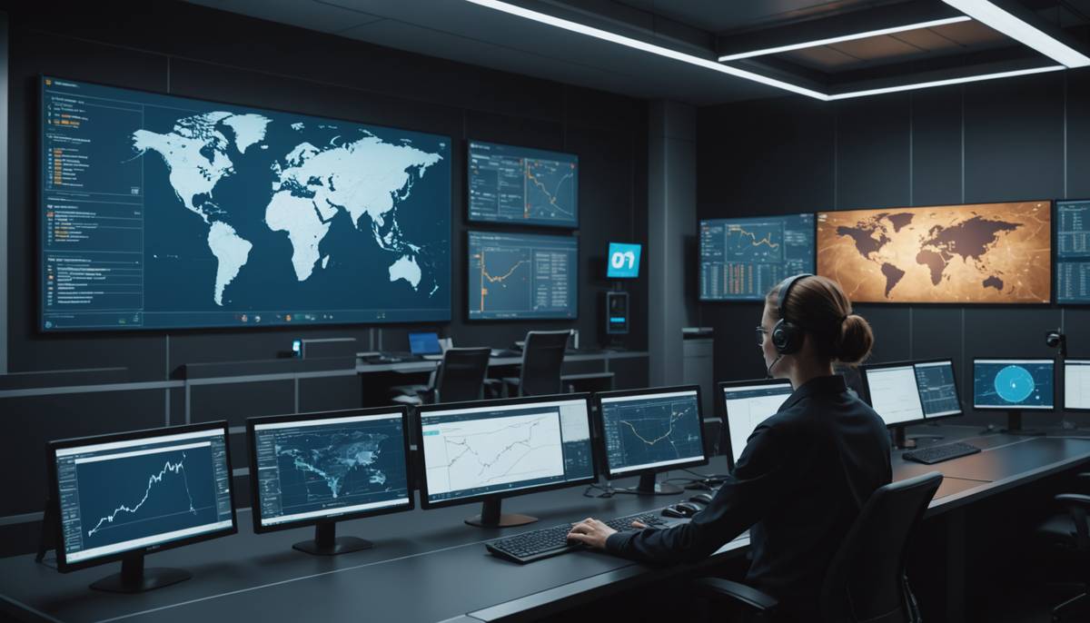 Operations team collaborating with an AI assistant in a logistics control room