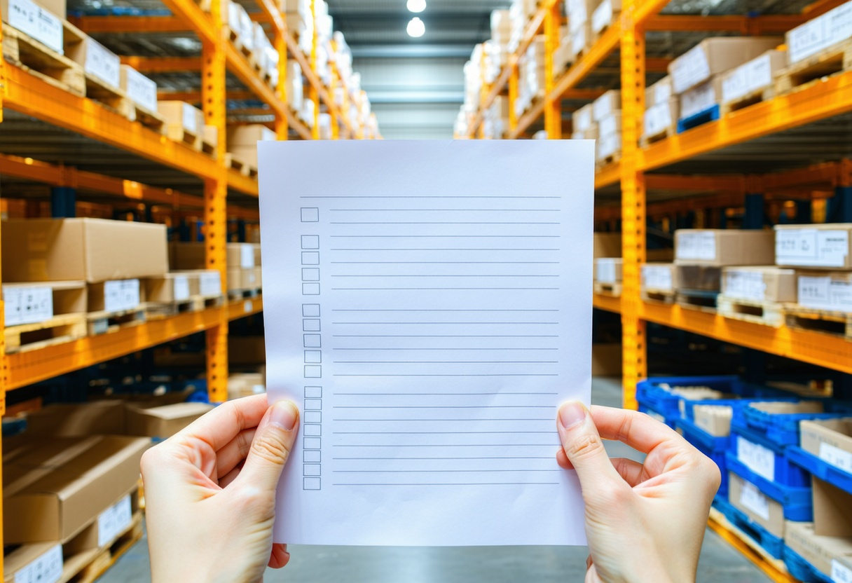 Person with checklist in warehouse