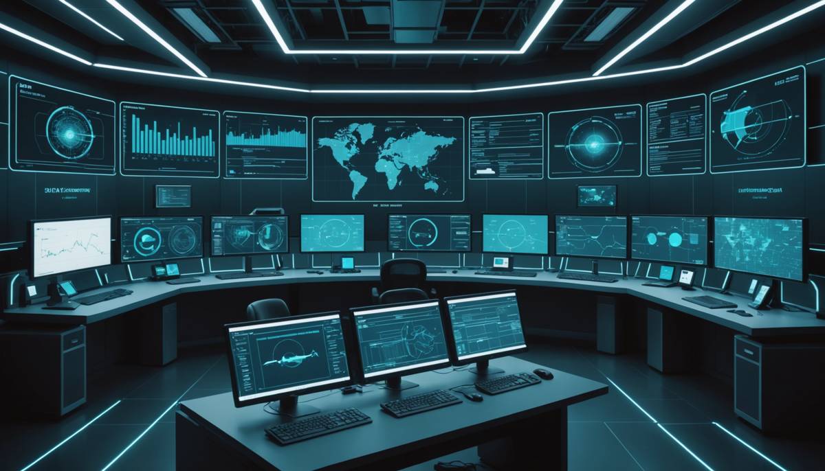 Futuristic supply chain control room with holographic data quality visualisation