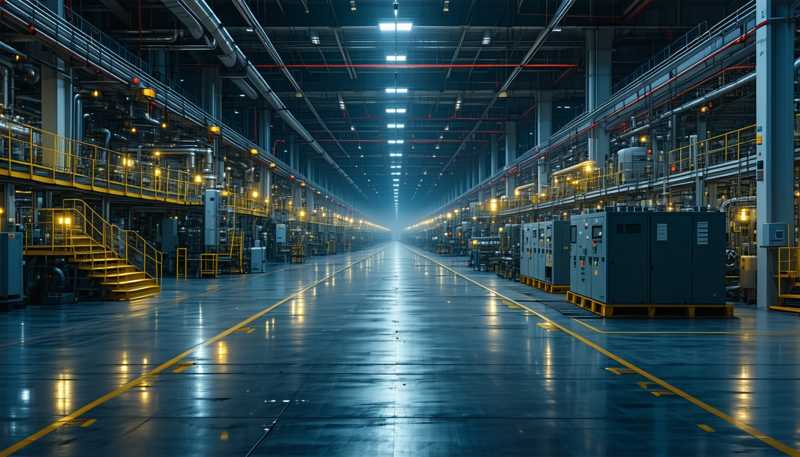 Dark empty battery factory floor