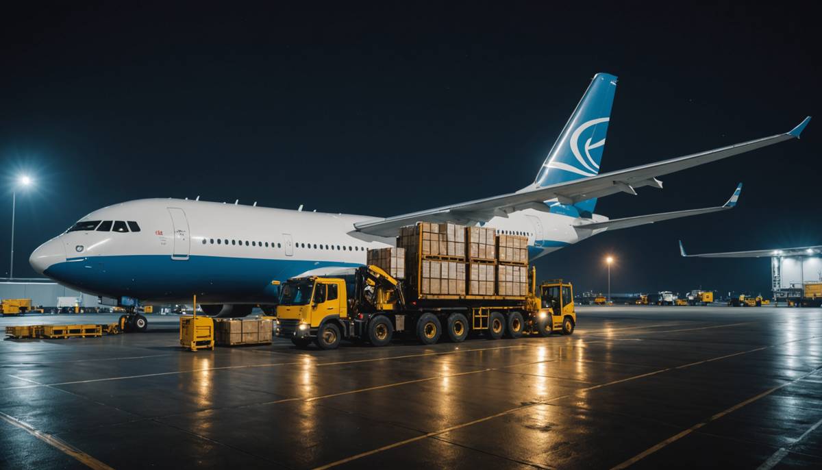 Cargo aircraft being loaded with pallets at night