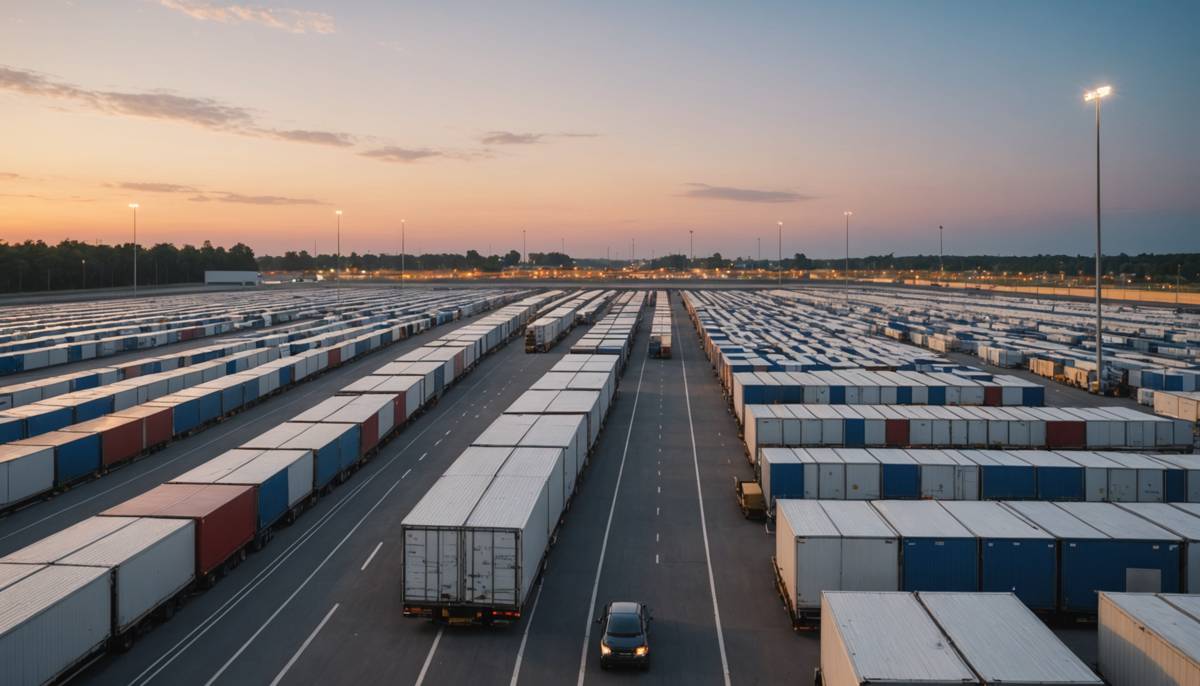 Automated dock and yard at dusk with rows of parked trailers