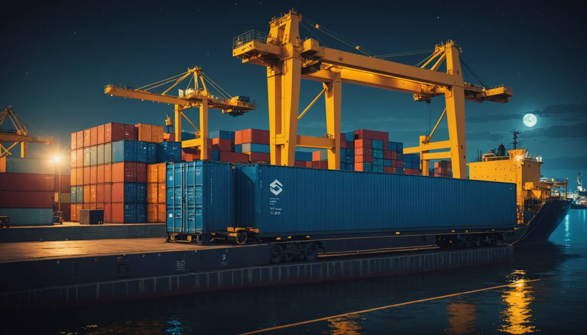 Cargo container loaded onto a freighter at night with security spotlights