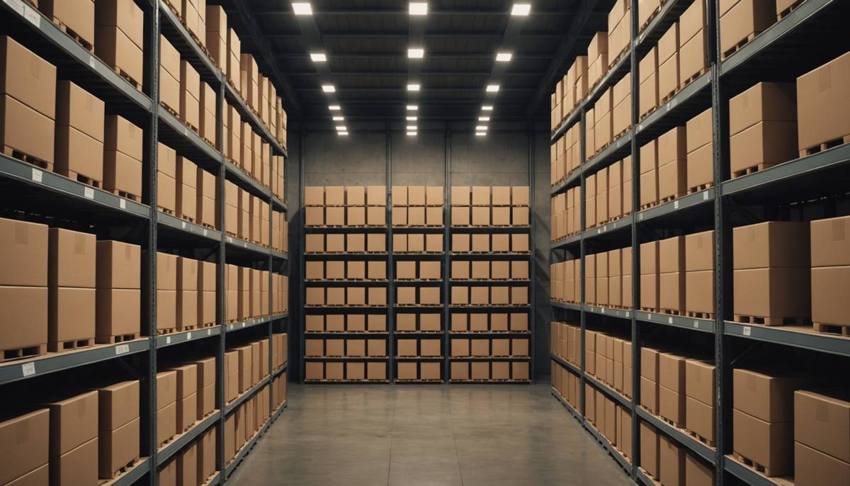 Warehouse shelves stacked with smartphone boxes