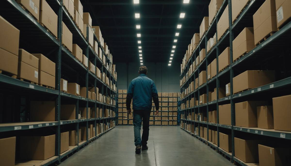Worker walking between shelves of electronics boxes in a dim warehouse