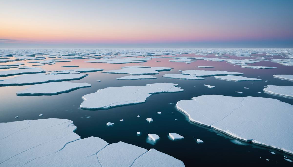 Frozen arctic ocean with ice floes at twilight
