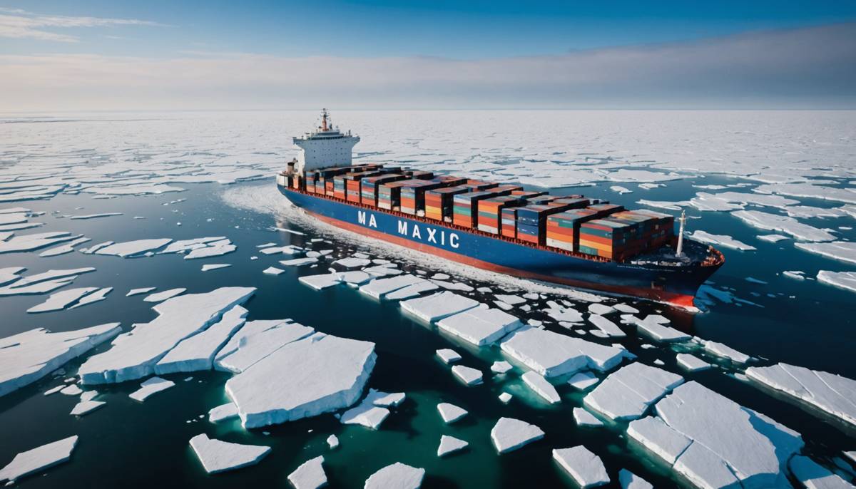 Container ship breaking through arctic sea ice