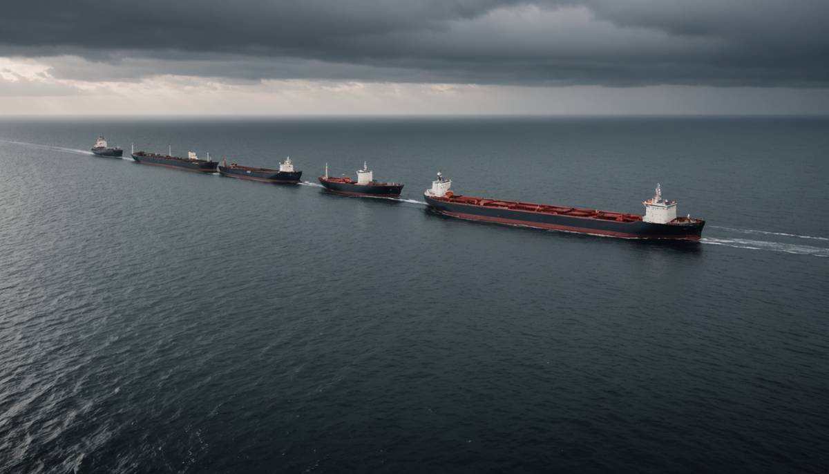 Cargo ships anchored in a line on a dark sea