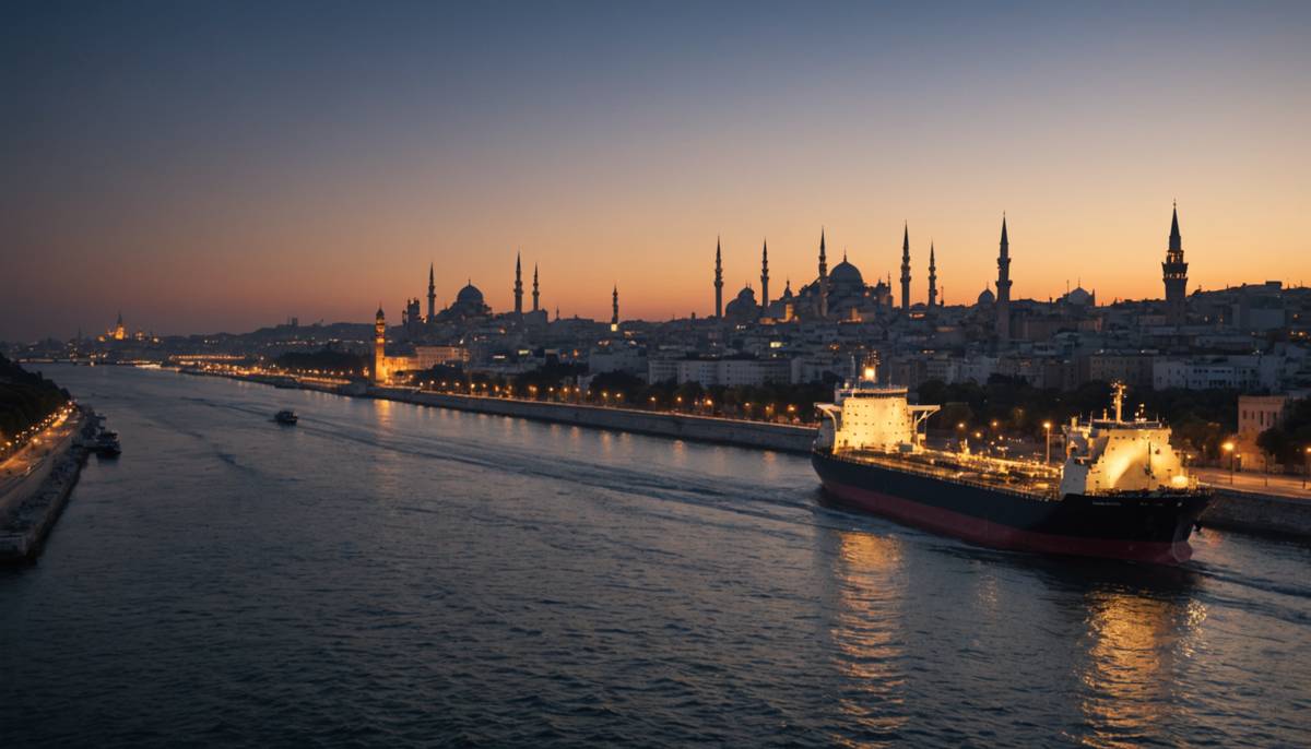 Oil tanker sailing through a narrow strait at dusk