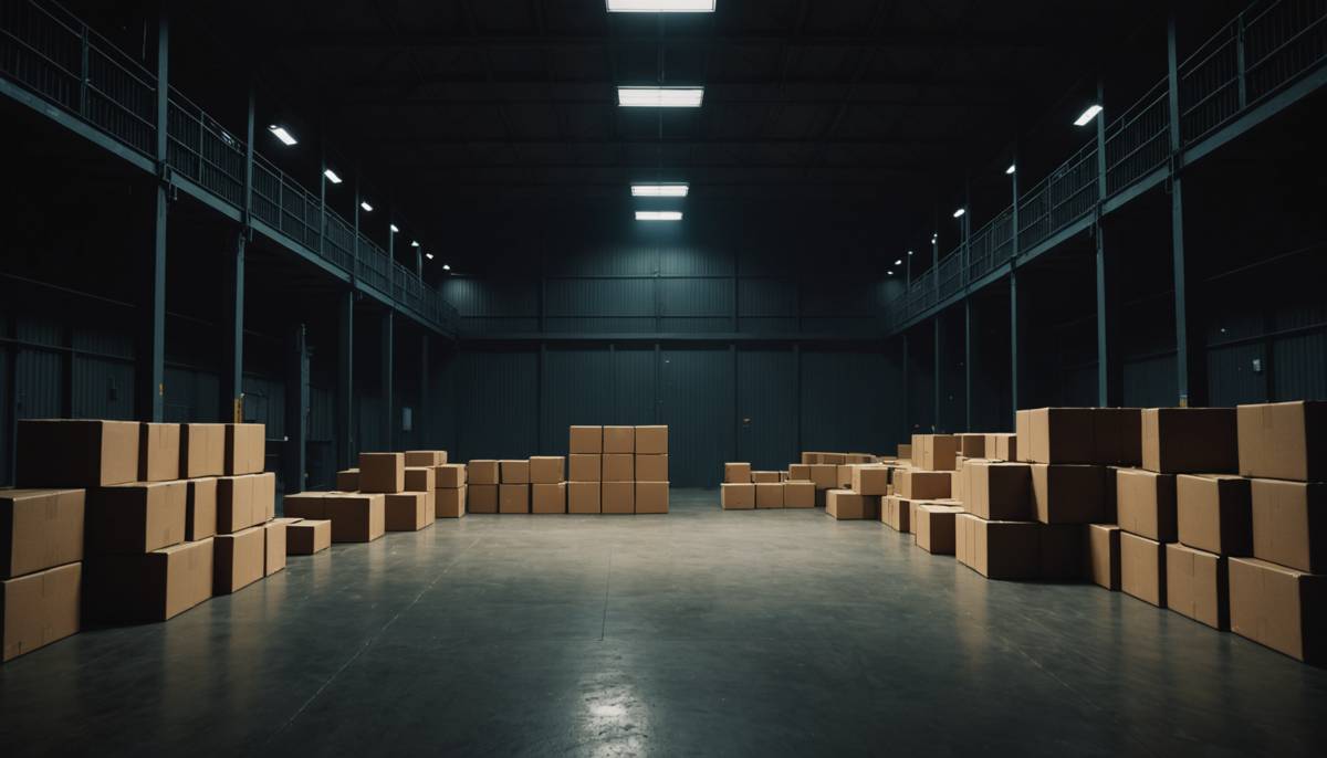 Dark warehouse with parcels under a security spotlight