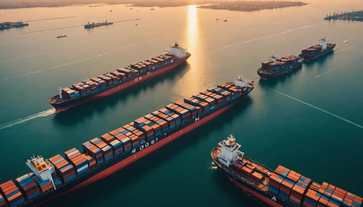 Aerial view of container ships at a busy cargo port
