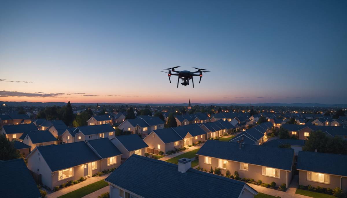 Delivery drone flying over suburban rooftops at dusk