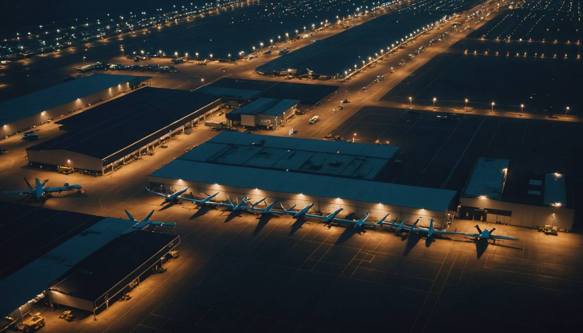 Aerial night view of a cargo airport hub with a drone silhouette