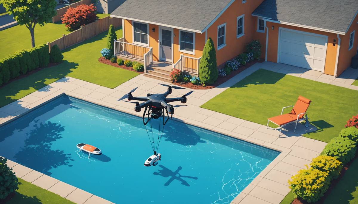Delivery drone dropping a package over a suburban backyard swimming pool