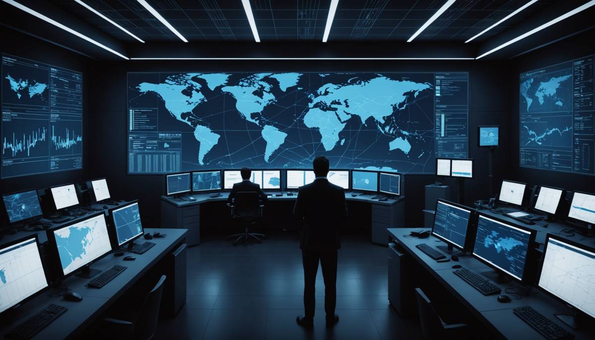 Logistics control room with glowing screens at night