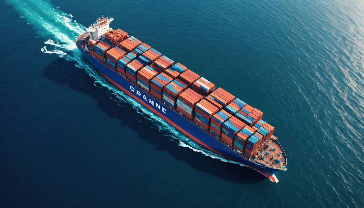 Container ship at sea seen from above