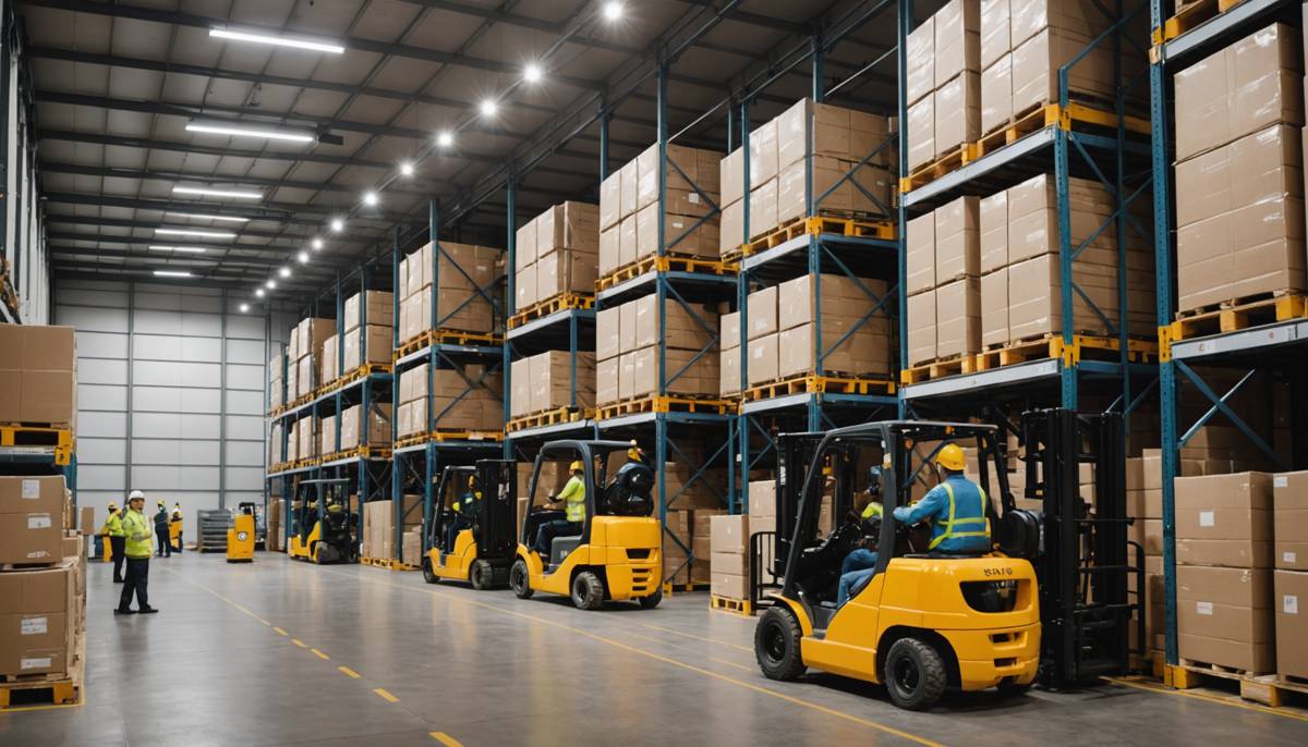Workers moving pallets inside a food distribution warehouse