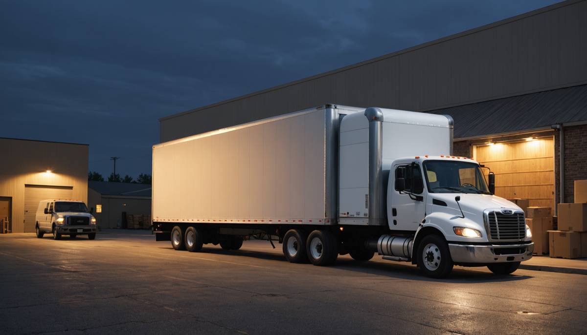 Refrigerated delivery truck at a distribution dock at dusk