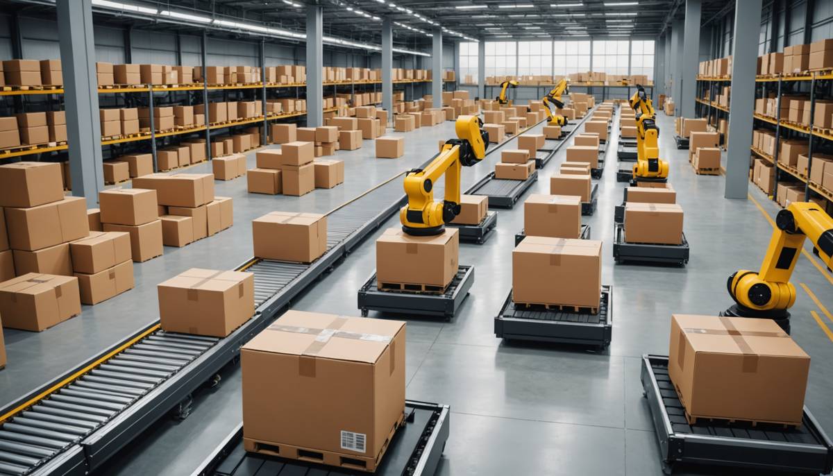 Autonomous robots working alongside workers in a modern warehouse