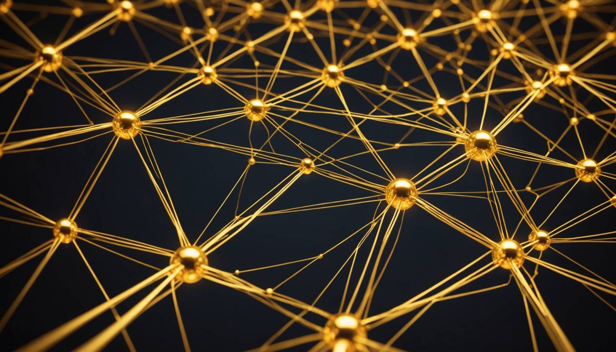 Golden streams of capital flowing through a network of glowing nodes