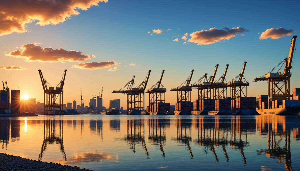Harbor city skyline at golden hour with container cranes