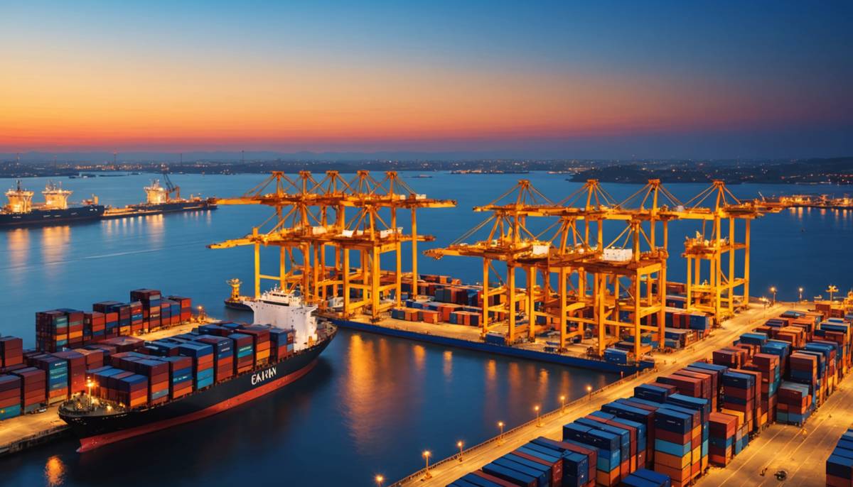 Container terminal at dusk with gantry cranes