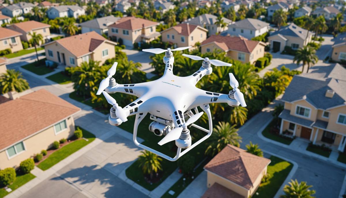 A delivery drone carrying a package above a sunny suburban neighborhood