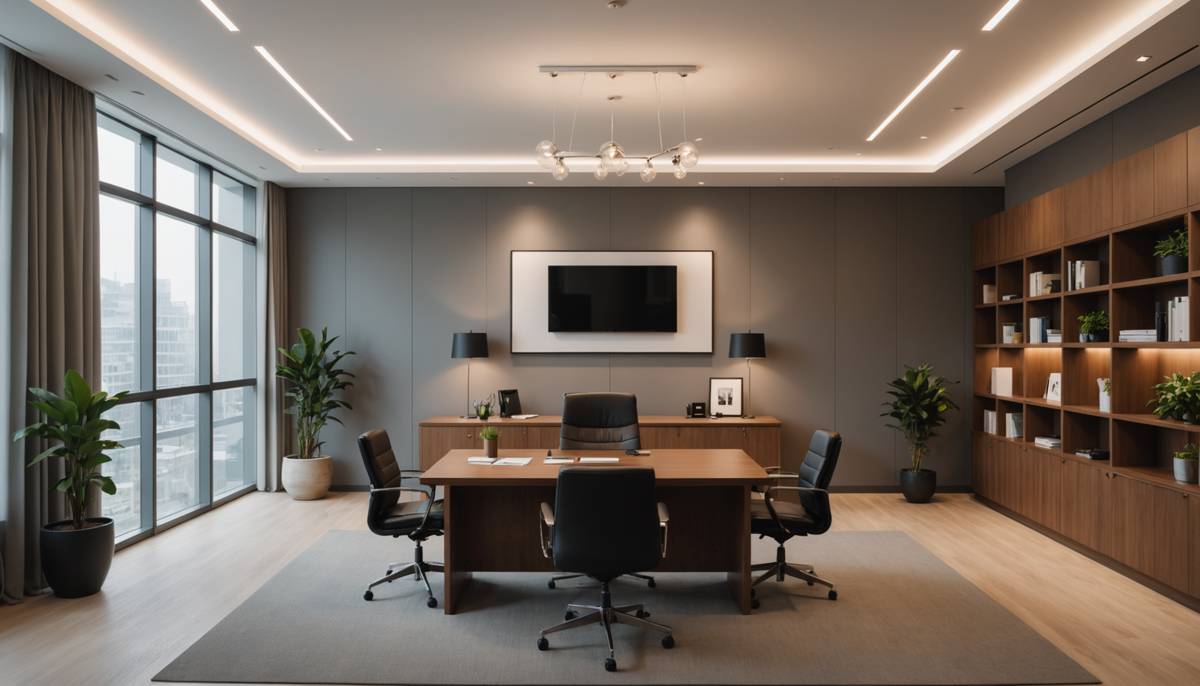 Minimalist interior of a modern law office with warm lighting