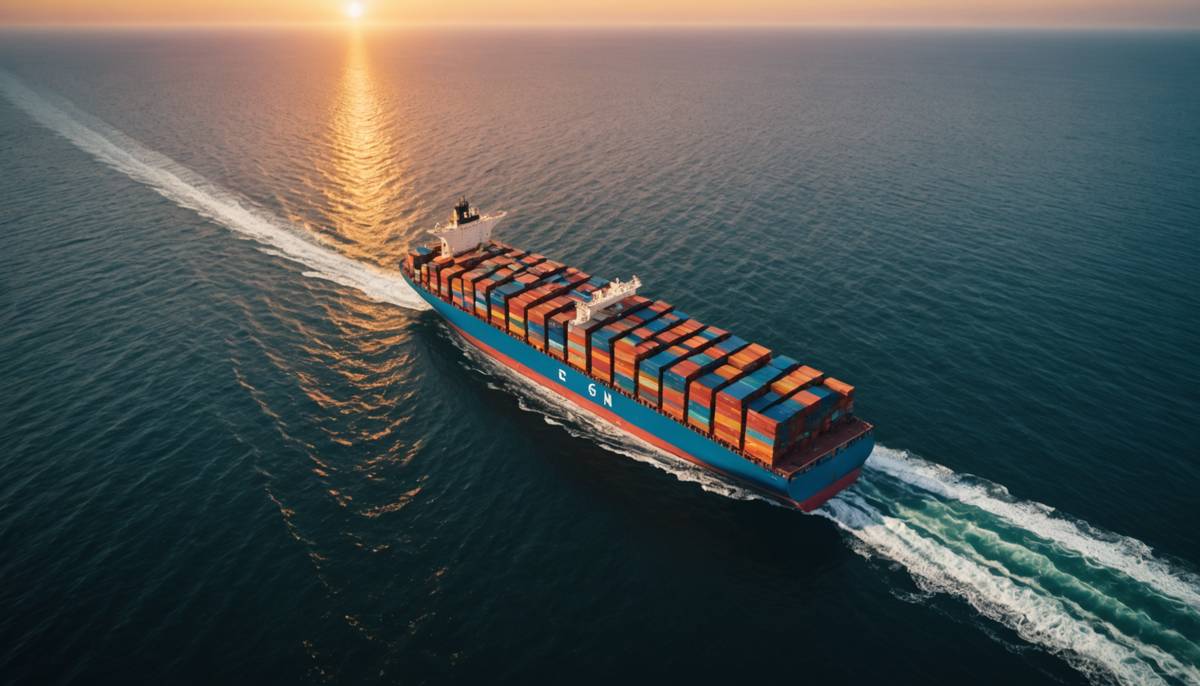 Container ship loaded with colorful containers crossing open ocean