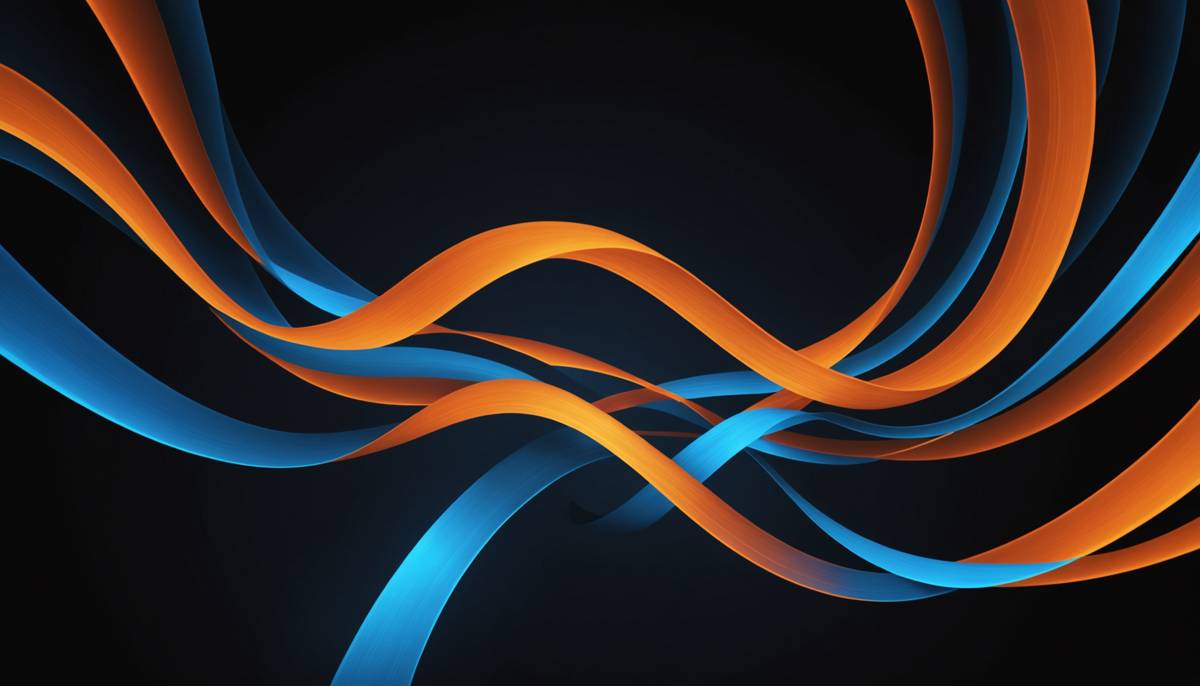 Abstract flowing ribbons of blue and orange light representing market volatility
