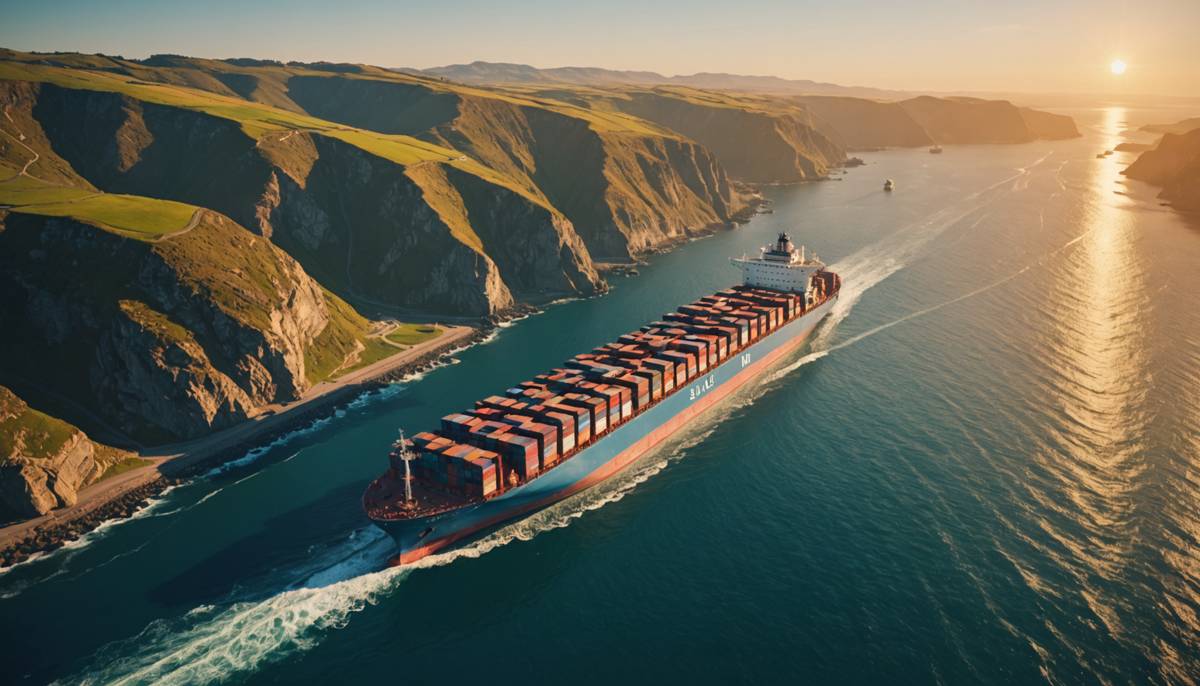 Container ship in a narrow strait at sunrise