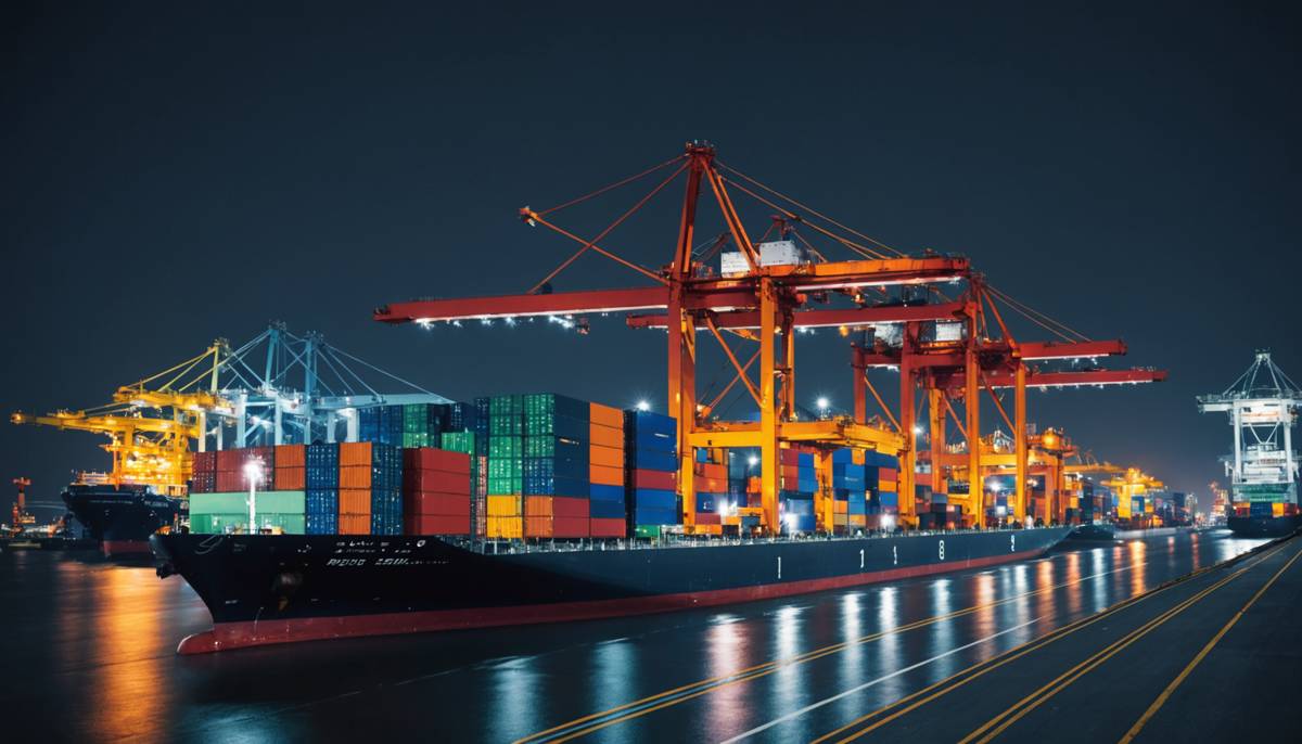 Container terminal at night with gantry cranes