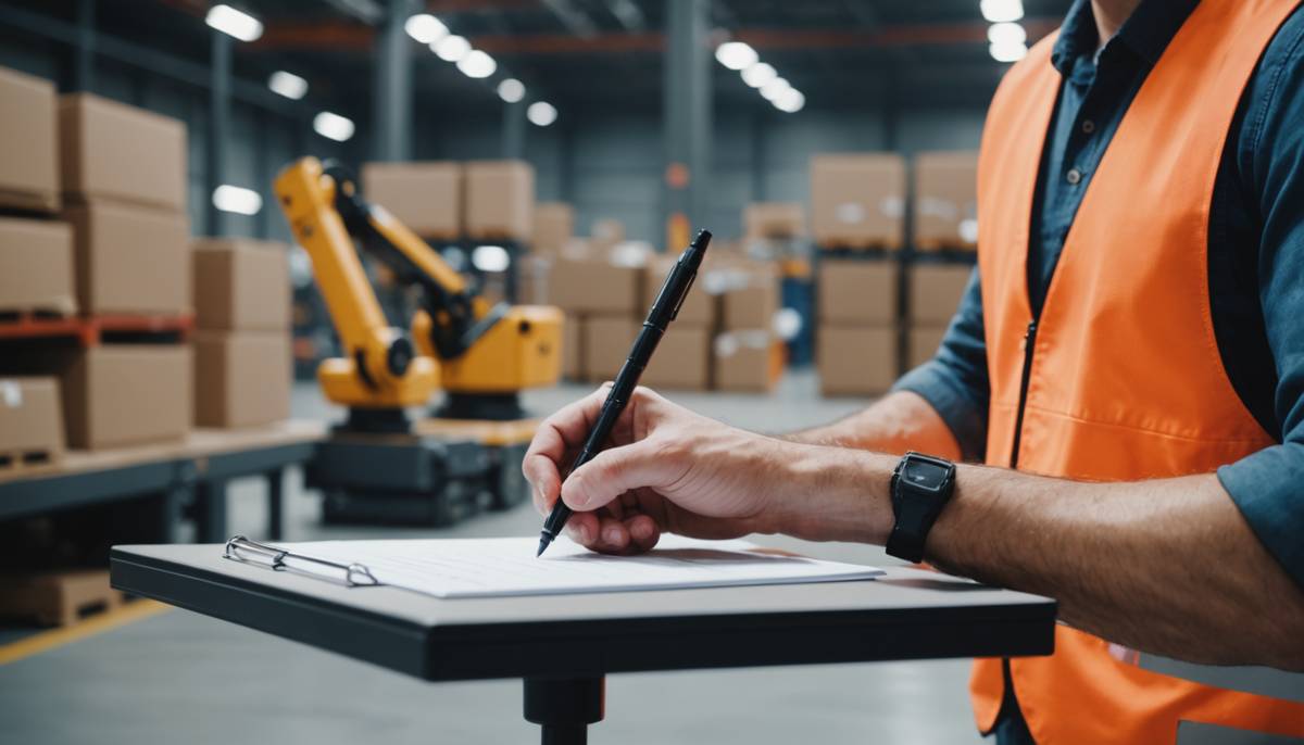 Operations manager signing a document in an automated warehouse