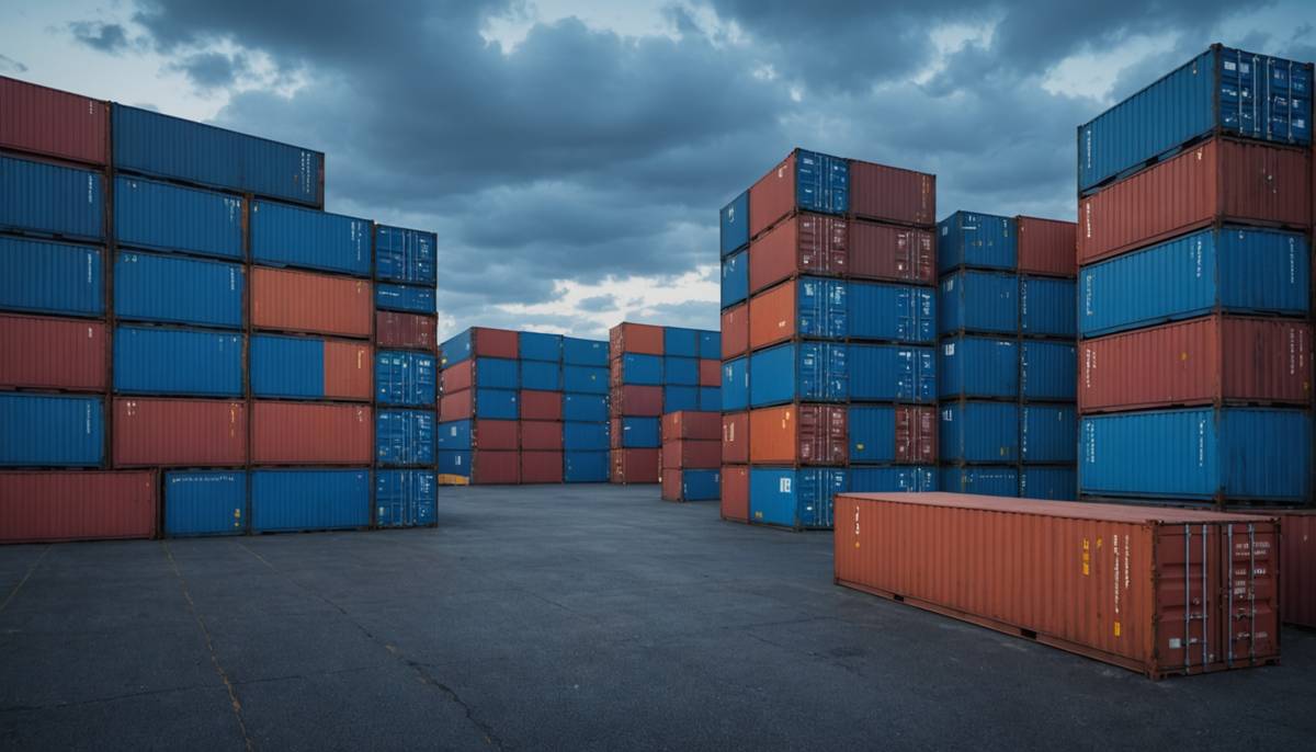 Stacked cargo containers at an industrial port at dusk